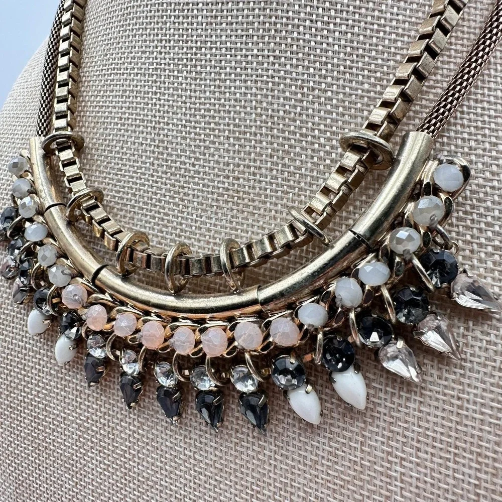 Vintage 90s Express Gold Tone Rhinestone Bib Necklace Statement‎ Fashion Jewelry